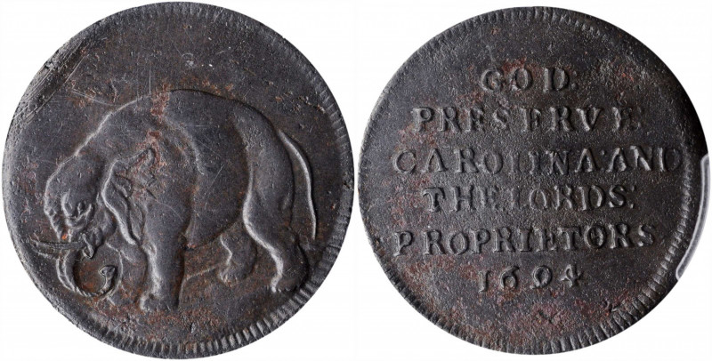 1694 Carolina Elephant Token. Hodder 2-F, W-12120. Rarity-6. PROPRIETORS, O/E. V...