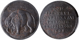 1694 Carolina Elephant Token. Hodder 2-F, W-12120. Rarity-6. PROPRIETORS, O/E. VF-35 (PCGS).

A solid representative of this classic early American ra...