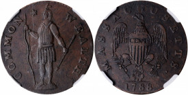 1788 Massachusetts Cent. Ryder 2-B, W-6200. Rarity-4-. Period After MASSACHUSETTS. AU-58 (NGC).

Predominantly chocolate-brown with areas of dark oliv...