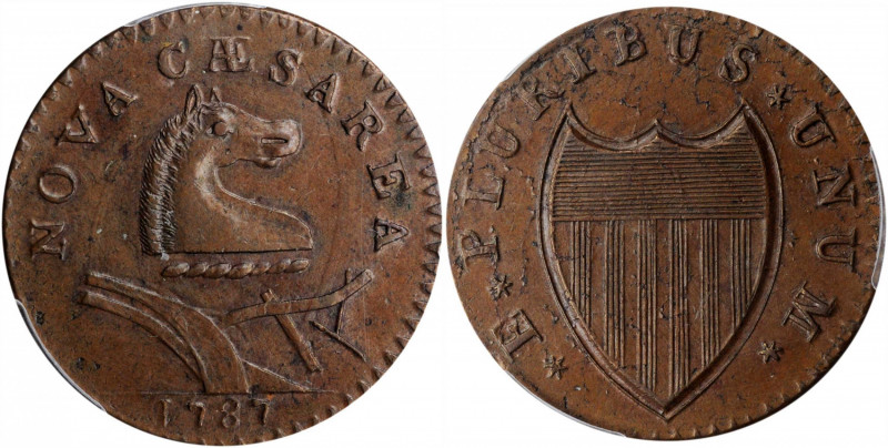 1787 New Jersey Copper. Maris 48-g, W-5275. Rarity-1. Outlined Shield. MS-62 BN ...