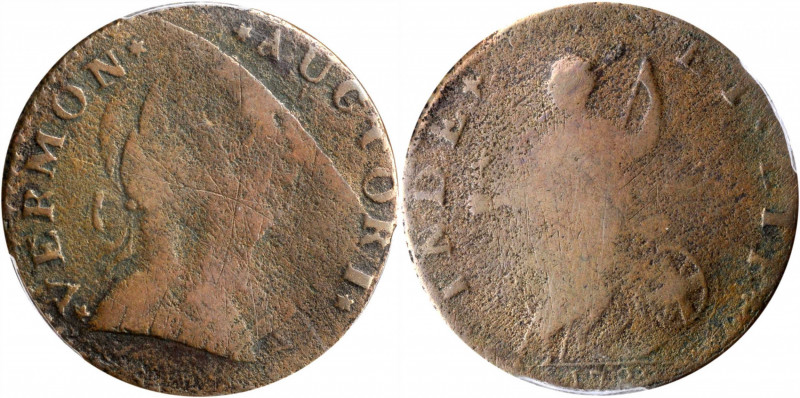 1788 Vermont Copper. RR-29, Bressett 22-U, W-2220. Rarity-5. Bust Right. VG-10 (...