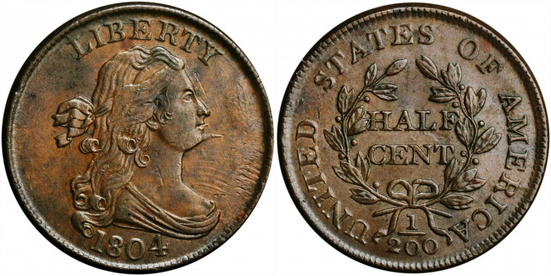 1804 Draped Bust Half Cent. C-8. Rarity-1. Spiked Chin. MS-62 BN (PCGS). CAC.

G...