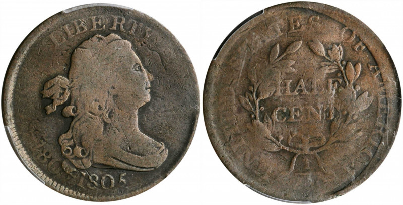 1805 Draped Bust Half Cent. C-1. Rarity-1. Medium 5, Stemless Wreath--Double Str...