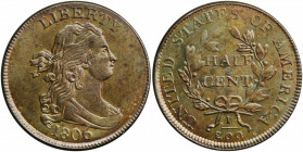 1806 Draped Bust Half Cent. C-4. Rarity-1. Large 6, Stems to Wreath. AU-58 (PCGS).

A lovely coin with generous retained luster under the natural pati...