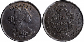 1808/7 Draped Bust Half Cent. C-2. Rarity-3. AU Details--Scratch (PCGS).

Plenty of good gloss engages the surfaces of this attractively original, med...