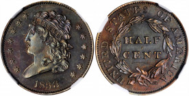 1833 Classic Head Half Cent. C-1. Rarity-5 as a Proof. Proof-63 BN (NGC).

An impressive and rare Proof half cent with attractive olive-brown and rose...