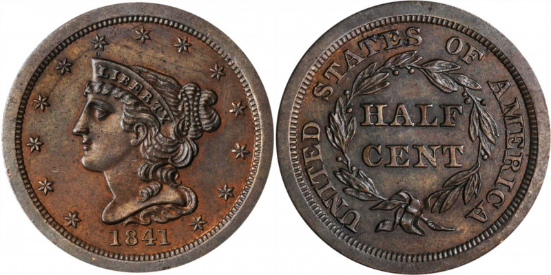 1841 Braided Hair Half Cent. Original. B-1. Rarity-6. Large Berries. Proof-58 (P...