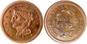 1848 Braided Hair Half Cent. First Restrike. B-2. Rarity-5. Small Berries, Reverse of 1856. Proof-65 BN (PCGS). CAC.

Iridescent olive-brown patina wi...
