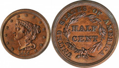 1855 Braided Hair Half Cent. C-1. Rarity-5 as a Proof. Proof-64 BN (PCGS).

Pinkish-rose and powder blue undertones backlight handsome autumn-brown pa...