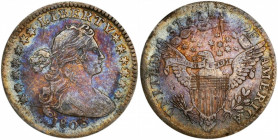 1803 Draped Bust Half Dime. LM-1. Rarity-6. Small 8. VF Details--Scratch (PCGS).

Deep, multicolored iridescence decorates each side of this fully ori...