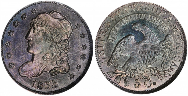 1835 Capped Bust Half Dime. LM-4. Rarity-3. Large Date, Large 5 C. MS-65 (NGC).
...
