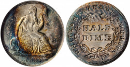 1837 Liberty Seated Half Dime. No Stars. MS-64 (NGC). CAC.

Swaths of vivid cobalt blue and reddish-gold patina adorn the peripheries and provide supe...