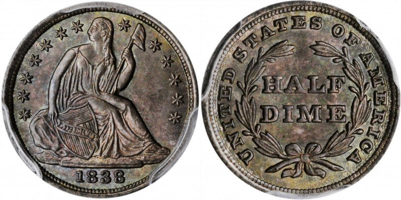 1838 Liberty Seated Half Dime. No Drapery. Large Stars. MS-65 (PCGS). CAC.

A Ge...