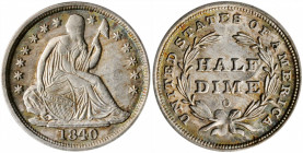 1840-O Liberty Seated Half Dime. No Drapery. V-4. Repunched Date, Small O. MS-62 (PCGS).

Lustrous satin surfaces with peripheral toning in steel-blue...