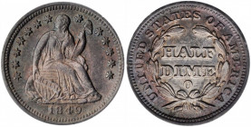 1849-O Liberty Seated Half Dime. AU-55 (PCGS).

Peripheral toning in steel-rose, olive-charcoal and pale pink on the reverse dress the upper half of t...