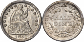 1851 Liberty Seated Half Dime. MS-67 (PCGS). CAC.

An angelic little jewel with faint golden toning across heavily satiny surfaces. The fields and hig...