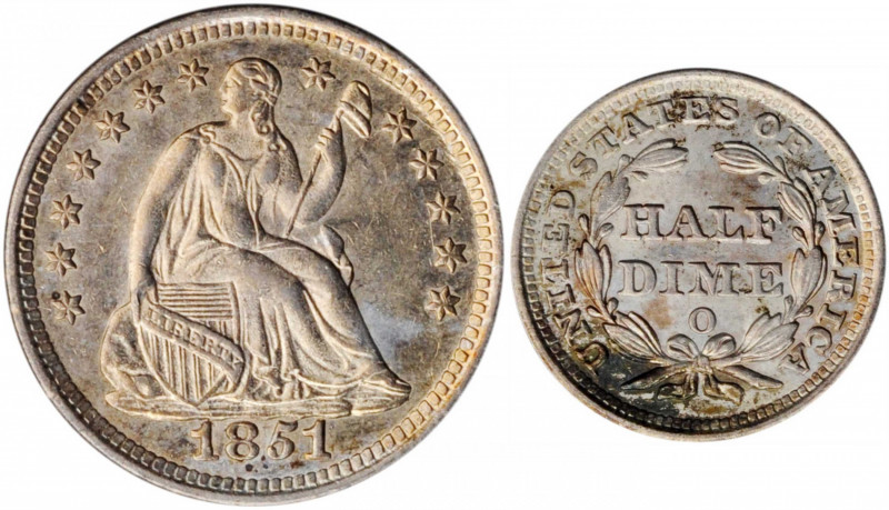 1851-O Liberty Seated Half Dime. MS-64 (PCGS). CAC.

Iridescent golden toning to...