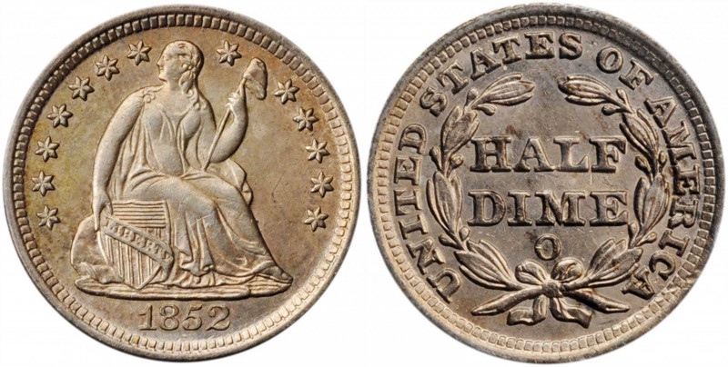 1852-O Liberty Seated Half Dime. V-1, the only known dies. MS-62 (PCGS).

Golden...