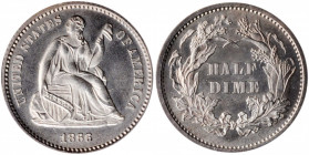 1866 Liberty Seated Half Dime. V-1, the only known dies. Repunched Date. MS-65 (PCGS). CAC.

Satin to semi-prooflike surfaces are brilliant throughout...