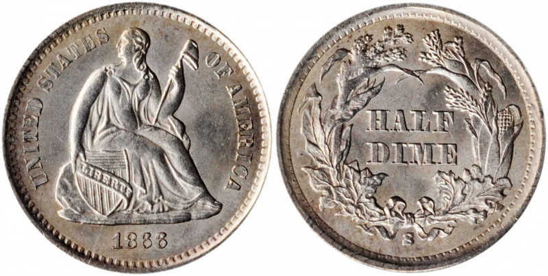 1866-S Liberty Seated Half Dime. V-1, the only known dies. Misplaced Date. MS-64...