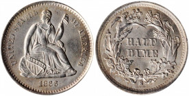 1866-S Liberty Seated Half Dime. V-1, the only known dies. Misplaced Date. MS-64 (PCGS). CAC.

Smooth satin surfaces are sharply struck and essentiall...