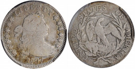 1797 Draped Bust Dime. JR-2. Rarity-4. 13 Stars. VG-10 (PCGS).

A generally slate-gray example with wisps of olive-copper iridescence toward the lower...