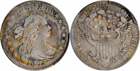 1805 Draped Bust Dime. JR-2. Rarity-1. 4 Berries. VF-25 (PCGS).

Attractive pewter-gray surfaces are enhanced by vivid reddish-russet, powder blue and...