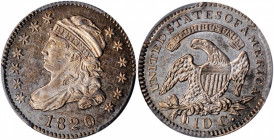 1820 Capped Bust Dime. JR-7. Rarity-2. Small 0. MS-63 (PCGS).

A distinctive example struck from a very early state of the dies which imparted signifi...
