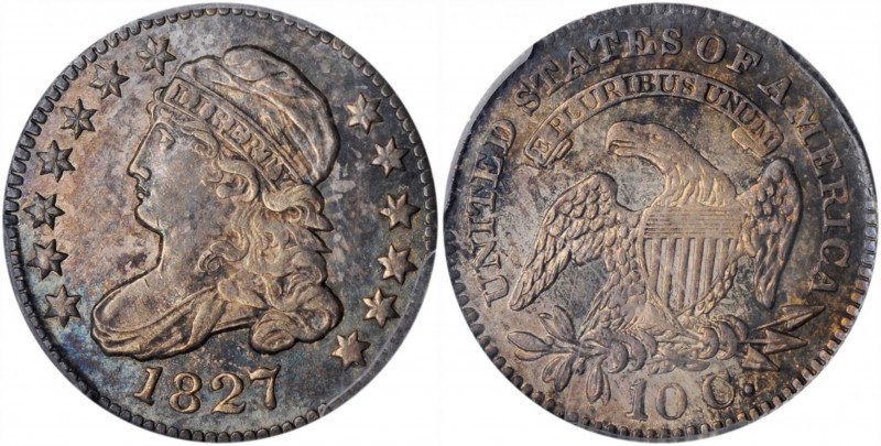 1827 Capped Bust Dime. JR-5. Rarity-3. Pointed Top 1 in 10 C. MS-63 (PCGS).

An ...