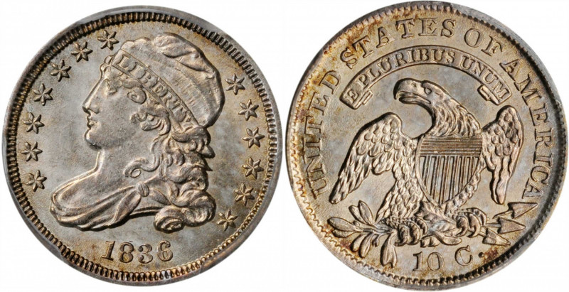 1836 Capped Bust Dime. JR-3. Rarity-3. MS-62 (PCGS).

Well struck with silver ce...
