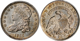 1836 Capped Bust Dime. JR-3. Rarity-3. MS-62 (PCGS).

Well struck with silver centers surrounded by attractive peripheral toning in gold, olive, and b...