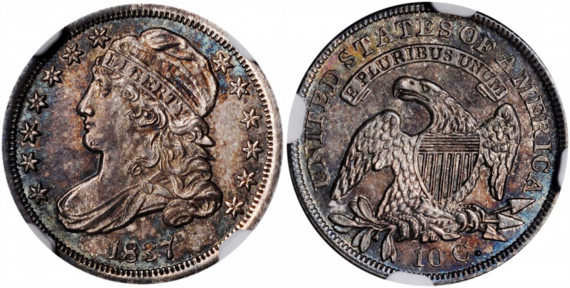 1837 Capped Bust Dime. JR-4. Rarity-1. MS-65+ (NGC).

This satiny, smooth and ha...