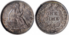 1838-O Liberty Seated Dime. No Stars. Fortin-102. Rarity-3. AU-58 (PCGS). CAC.

Wisps of iridescent steel and champagne-gold blend with dominant pearl...
