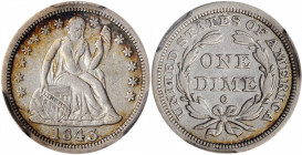 1843-O Liberty Seated Dime. Fortin-101, the only known dies. Rarity-4-. VF-35 (PCGS).

Ringed in partial halos of reddish-russet and steel-blue periph...