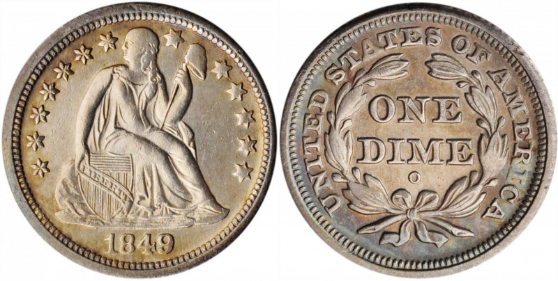 1849-O Liberty Seated Dime. Fortin-104a. Rarity-5. Repunched Date, Small O. Unc ...