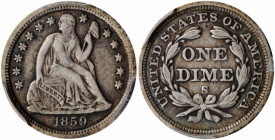 1859-S Liberty Seated Dime. Fortin-101, the only known dies. Rarity-4. VF-30 (PCGS).

Rich steel and pewter-gray patina adorns surfaces that offer uni...