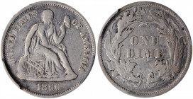 1860-O Liberty Seated Dime. Fortin-101, the only known dies. Rarity-4+. VF-20 (PCGS).

Warmly toned in dove-gray and champagne-pink, this inviting pie...