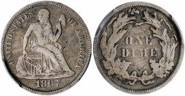 1867 Liberty Seated Dime. Fortin-102. Rarity-5. Fine-12 (PCGS).

Boldly toned steel-olive and pewter-gray surfaces with all major design elements well...