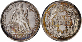1867-S Liberty Seated Dime. Fortin-101. Rarity-4. MS-64+ (PCGS).

Mottled olive-gold, reddish-russet and steel-blue toning adorns a base of softer ant...