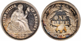 1869 Liberty Seated Dime. Proof-65 Cameo (PCGS).

Lightly toned in iridescent reddish-gold, wisps of powder blue further enhance the originality of th...
