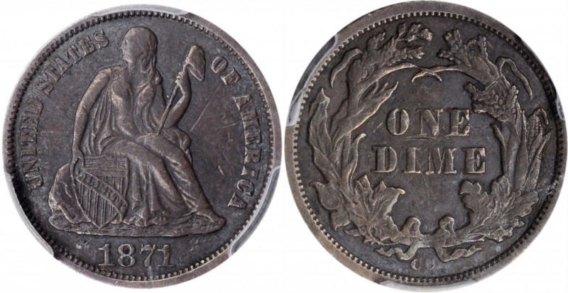 1871-CC Liberty Seated Dime. Fortin-101, the only known dies. Rarity-5+. EF Deta...