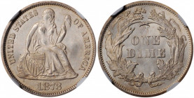 1873/1873 Liberty Seated Dime. No Arrows. Close 3. Fortin-103, FS-301. Rarity-3. Repunched Date. MS-65 (NGC).

A "Top 100" Seated dime Variety. The da...