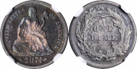 1874 Liberty Seated Dime. Arrows. Proof-66 (NGC).

This richly original Gem exhibits intermingled cobalt blue, champagne-pink and pearl-gray to domina...
