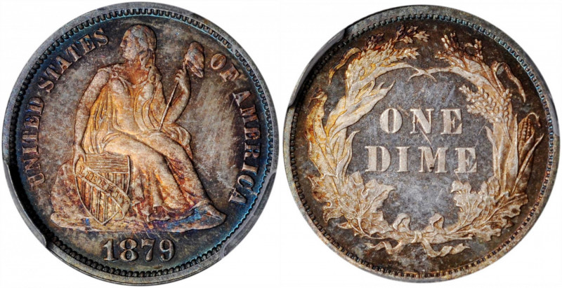 1879 Liberty Seated Dime. Fortin-104a. Rarity-4. Repunched Date. MS-66 (PCGS).

...