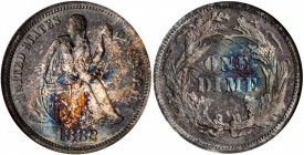 1882 Liberty Seated Dime. Proof-64 (NGC). CAC. OH.

A fully struck, expertly preserved specimen dressed in richly original steel-olive, cobalt blue an...