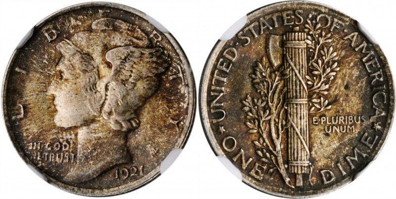 1921 Mercury Dime. MS-64 FB (NGC).

A rather deeply toned example featuring shad...