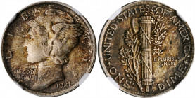 1921 Mercury Dime. MS-64 FB (NGC).

A rather deeply toned example featuring shades of olive-brown overlaying each side. A piece that, remarkably, has ...