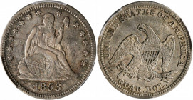 1853 Liberty Seated Quarter. No Arrows or Rays. Briggs 1-A, FS-301. Repunched Date. VF-35 (PCGS).

Handsomely original surfaces display a rich blend o...