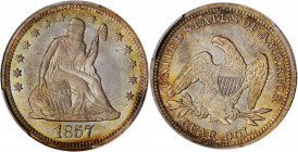 1857 Liberty Seated Quarter. MS-66 (PCGS).

This richly original example exhibits iridescent undertones of antique gold, pale blue and, on the reverse...