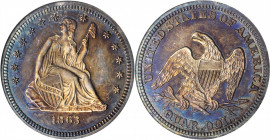 1863 Liberty Seated Quarter. Proof-63 (ANACS). OH.

An engaging piece with vivid undertones of cobalt blue and salmon pink to dominant steel-olive and...